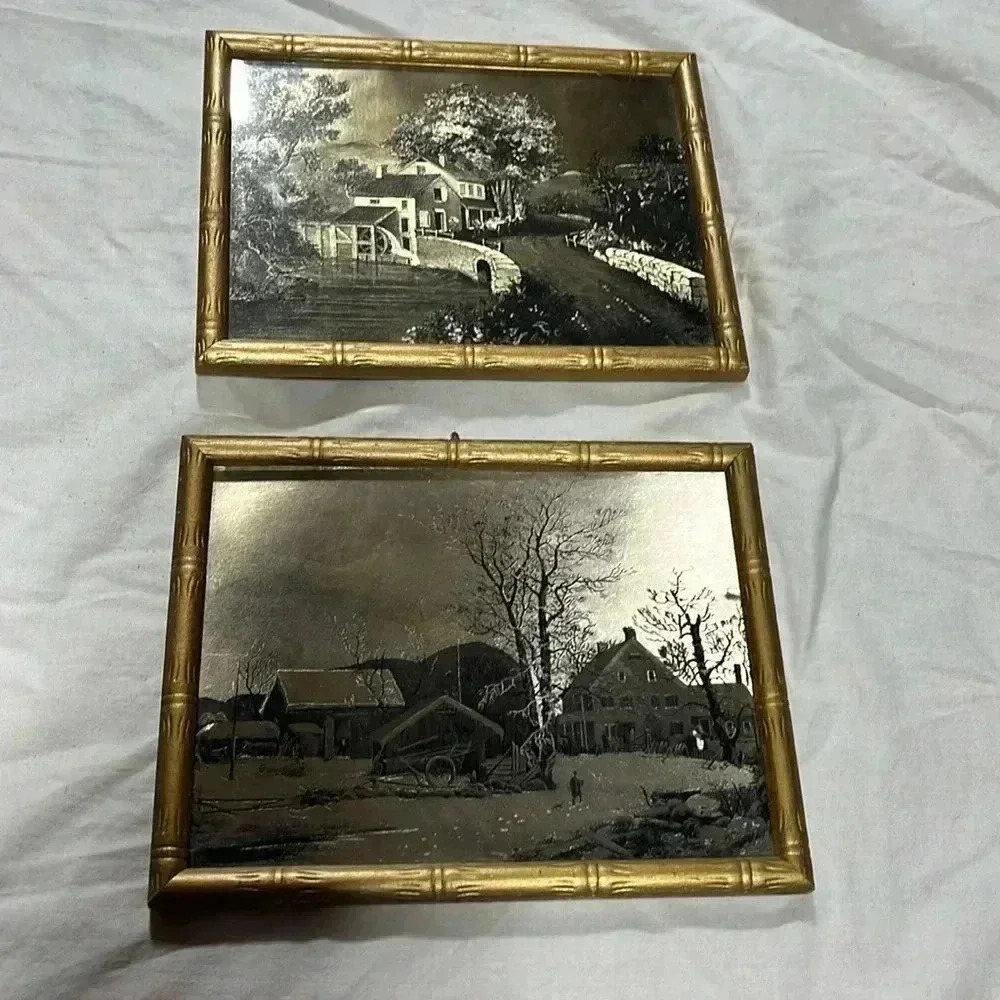Vintage Country Scenes Gold Foil Arts- No Marks or Signitures